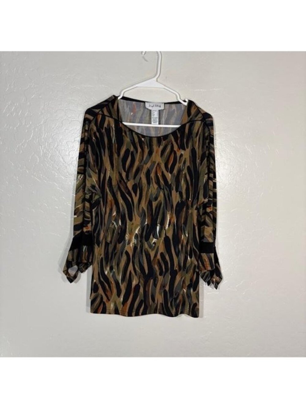Joseph Ribkoff Shirt Womens 10 Brown Black Animal Print Bell Sleeve Tunic Top
